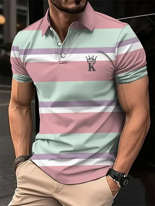 Colorful Stripes Polo Shirt Short Sleeves Men's Top