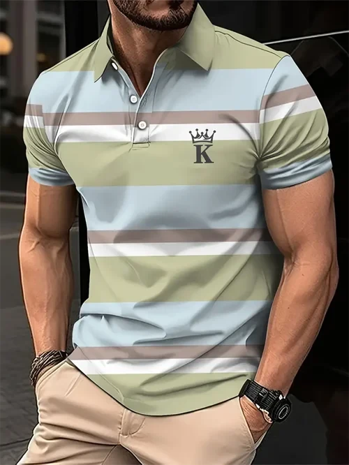 Colorful Stripes Polo Shirt Short Sleeves Men's Top