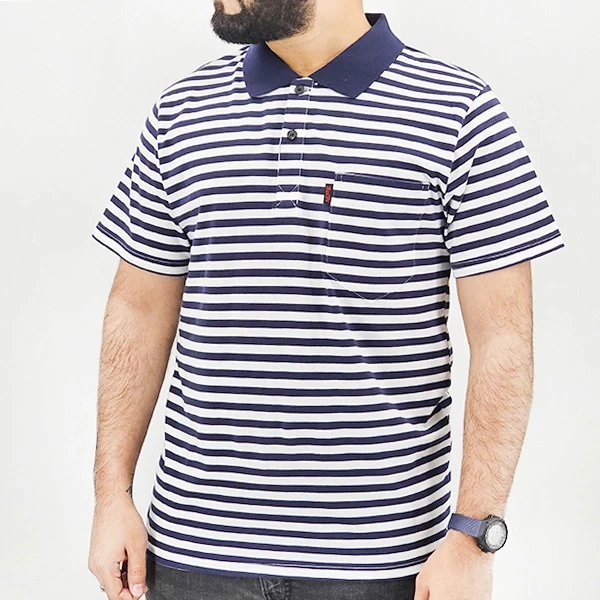 Black and White Striped Polo Shirt with Short Sleeves (Men's)