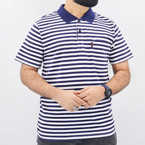 Black and White Striped Polo Shirt with Short Sleeves (Men's)