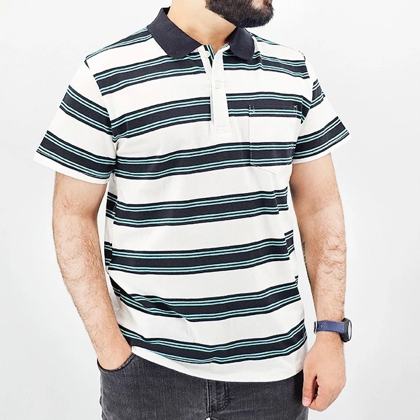 Green Striped Polo Tee for Men - Stylish & Comfortable with Short Sleeves & Shir