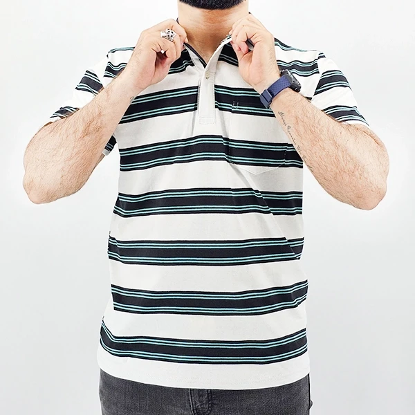 Green Striped Polo Tee for Men - Stylish & Comfortable with Short Sleeves & Shir
