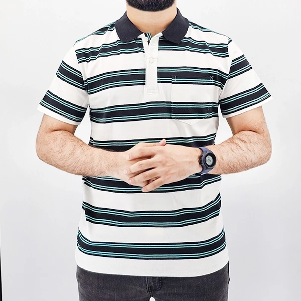 Green Striped Polo Tee for Men - Stylish & Comfortable with Short Sleeves & Shir