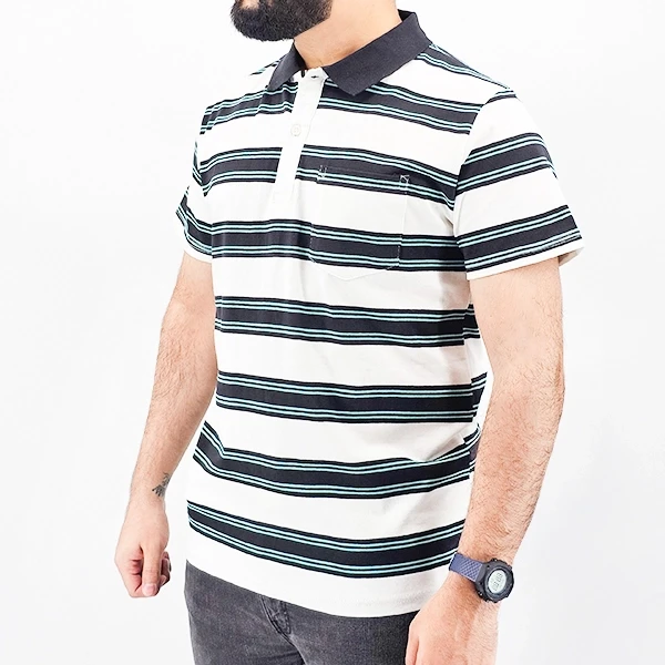 Green Striped Polo Tee for Men - Stylish & Comfortable with Short Sleeves & Shir