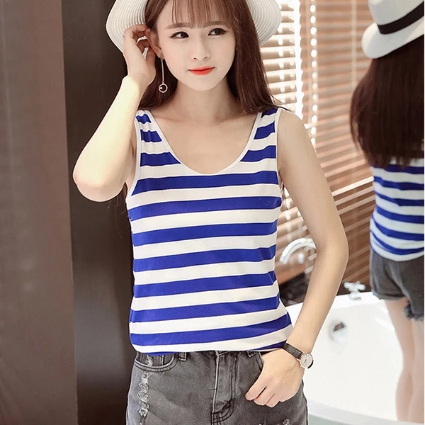 Blue White Cotton Tank Top Women's Dress - Scoop Neck Above Knee