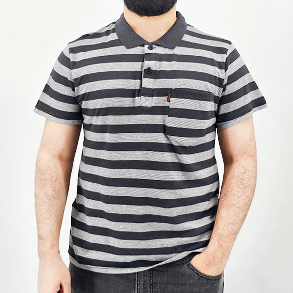 Striped Polo Shirt for Men Summer Fashion Top - Gray Short Sleeves - Casual Wear