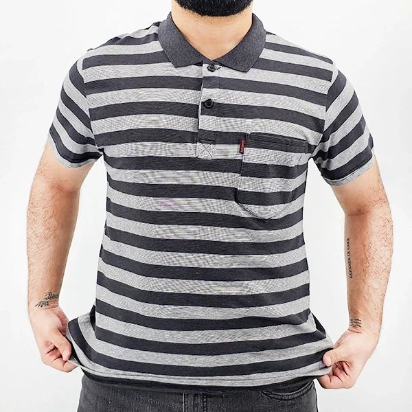 Striped Polo Shirt for Men Summer Fashion Top - Gray Short Sleeves - Casual Wear