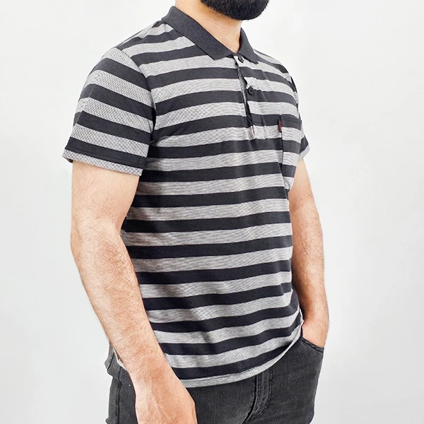 Striped Polo Shirt for Men Summer Fashion Top - Gray Short Sleeves - Casual Wear