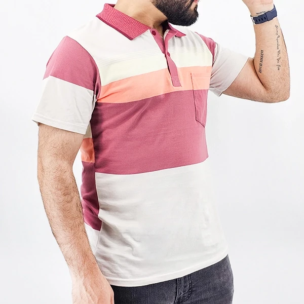 Men's Striped Polo T-Shirt - Pink Short Sleeves