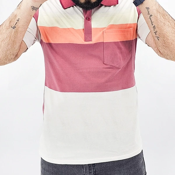 Men's Striped Polo T-Shirt - Pink Short Sleeves