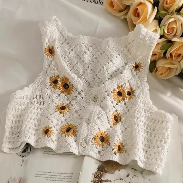 Sunflower Embroidered Cotton Sleeveless Knitted Crop Tops French Style Beach Sum