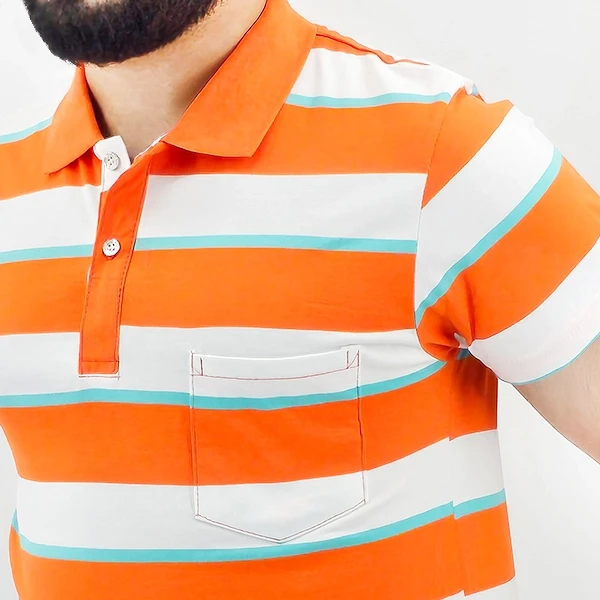 Orange Stripes Polo Collar T-Shirt - Men's Fashion - Baggy Style - Half Sleeves
