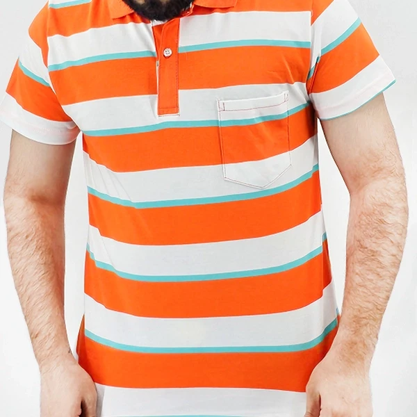 Orange Stripes Polo Collar T-Shirt - Men's Fashion - Baggy Style - Half Sleeves