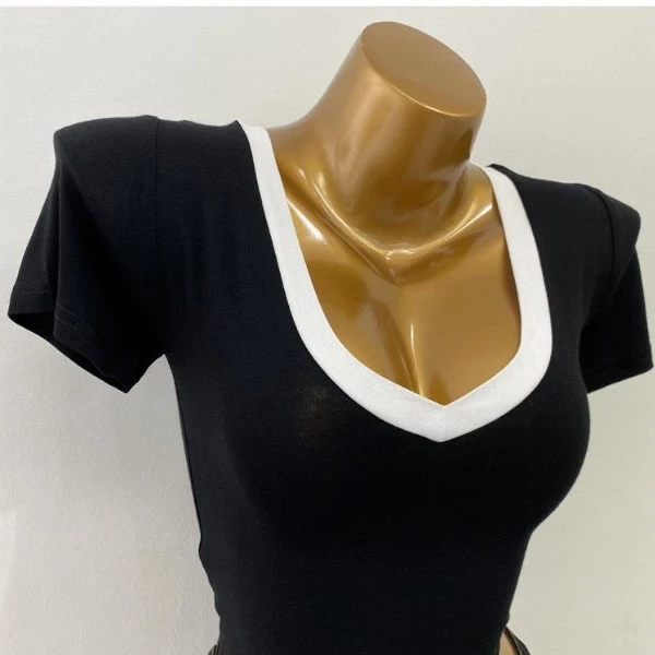 Stylish V-Neck Black Crop Top for Women - Slim Fit Cotton Blend
