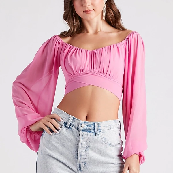 Sweetheart Neckline Chiffon Crop Top Perfect for Summer Parties Trendy Women.