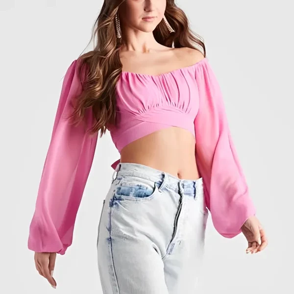 Sweetheart Neckline Chiffon Crop Top Perfect for Summer Parties Trendy Women.