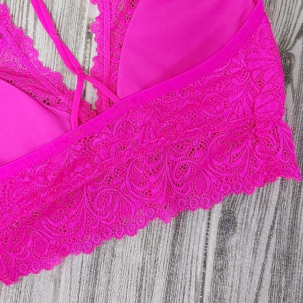 Hot Pink Lace Floral Bra | Full Coverage Crop Top | Gym Yoga Shapewear | Women's