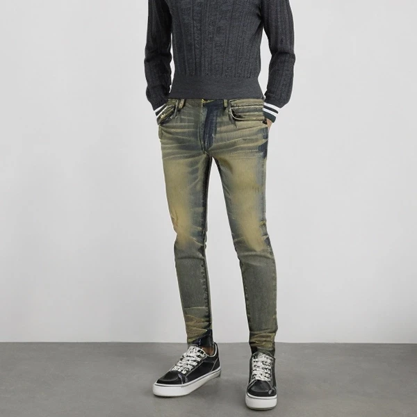 Vintage Denim Pants Stretch High Waist Slim Fit Ankle-length Jeans for Men