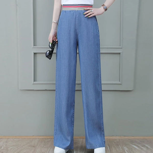 Colorful Stripes Elastic Waist Denim Wide Leg Women Jeans Double Pocket Loose Dr