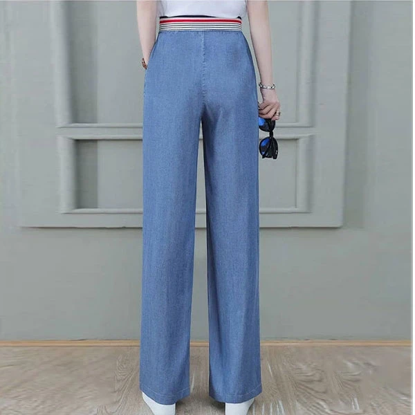 Colorful Stripes Elastic Waist Denim Wide Leg Women Jeans Double Pocket Loose Dr