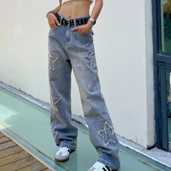 Star Decor High Waist Jeans Korean Style Hip Hop Straight Denim Jeans for Women