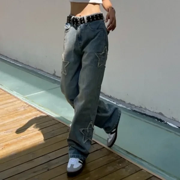 Star Decor High Waist Jeans Korean Style Hip Hop Straight Denim Jeans for Women