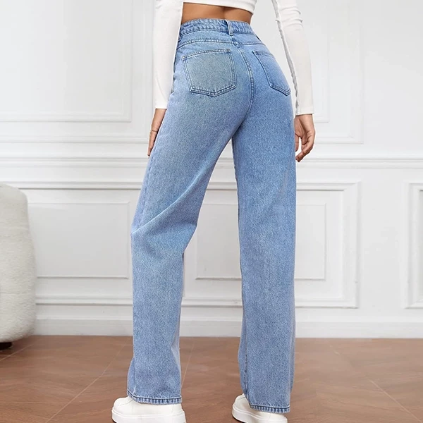 Blue Color High Waist Button Closure Straight Leg Denim Jeans For Women
