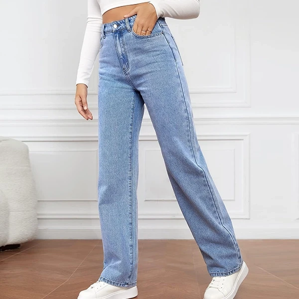 Blue Color High Waist Button Closure Straight Leg Denim Jeans For Women