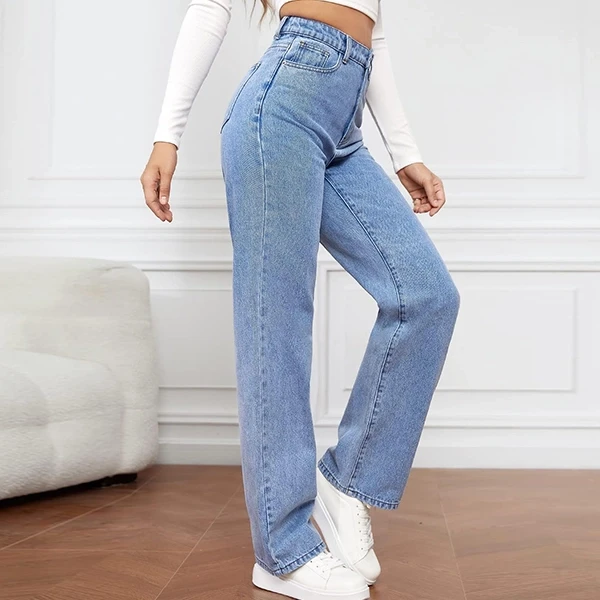 Blue Color High Waist Button Closure Straight Leg Denim Jeans For Women