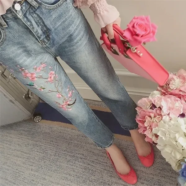 Vintage High Waist Embroidery Split Design Ankle Length Casual Wear Denim Jeans