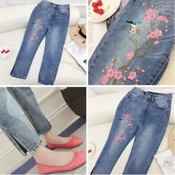 Vintage High Waist Embroidery Split Design Ankle Length Casual Wear Denim Jeans