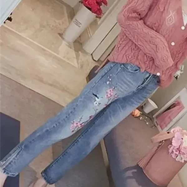 Vintage High Waist Embroidery Split Design Ankle Length Casual Wear Denim Jeans