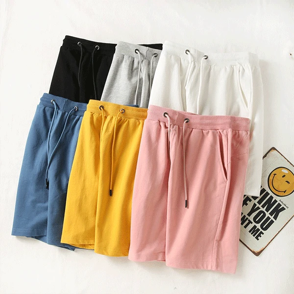 Yellow Color Elastic Waist Drawstring Closure Casual Wear Joggers Cotton Shorts