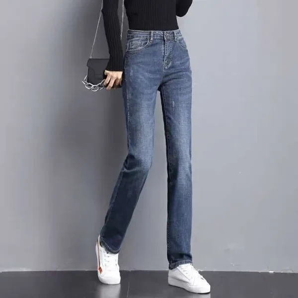 High Waist Blue Denim Jeans with Stitch Details for Women