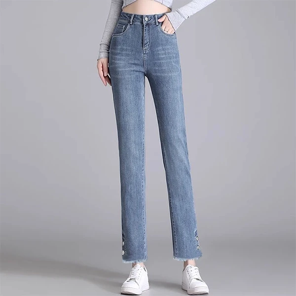 Women's Denim High Waist Button Closure Pant Jeans in Solid Blue