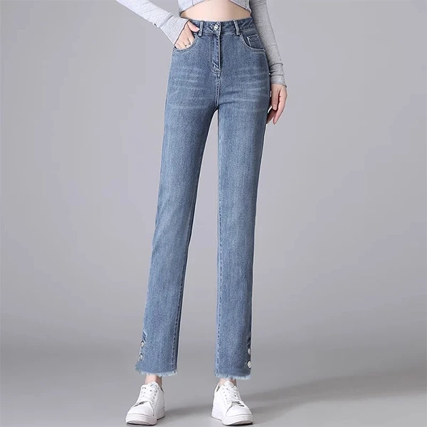 Women's Denim High Waist Button Closure Pant Jeans in Solid Blue