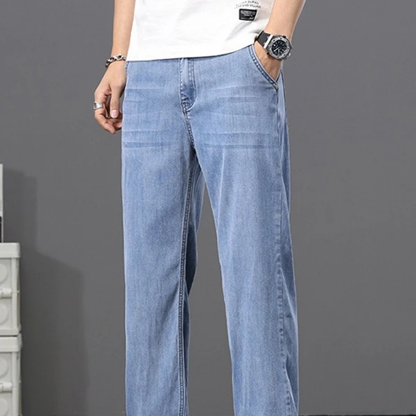Denim High Waist Button-Up Premium Material Men Casual Wear Straight Style Pants