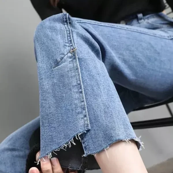 Blue Denim Button Jeans for Women - Straight Fit Full-Length Pant