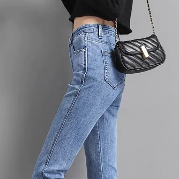 Blue Denim Button Jeans for Women - Straight Fit Full-Length Pant