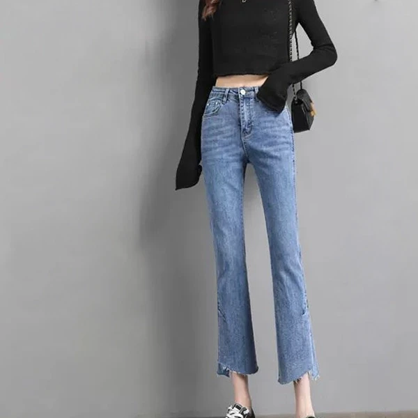 Blue Denim Button Jeans for Women - Straight Fit Full-Length Pant