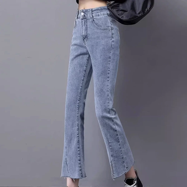 Blue Denim High Waist Button-Up Straight Fit Women's Ripped Jeans
