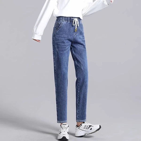 Elastic Waist Denim Women's Jeans | Stylish Narrow Pant | Blue