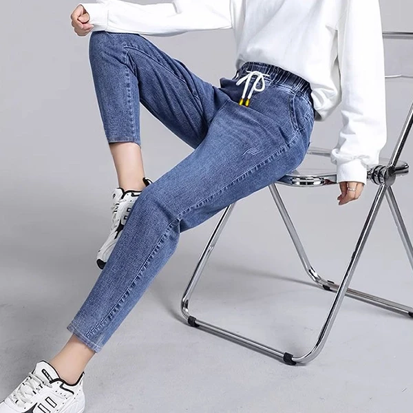 Elastic Waist Denim Women's Jeans | Stylish Narrow Pant | Blue