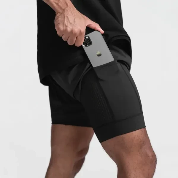 Men Quick Drying Breathable Fitness Black Running Shorts Pockets Double Layer Ny
