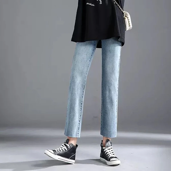 High waist straight jeans, women's summer new style slim all-match elastic pants