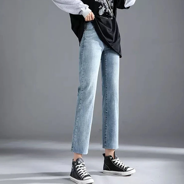 High waist straight jeans, women's summer new style slim all-match elastic pants