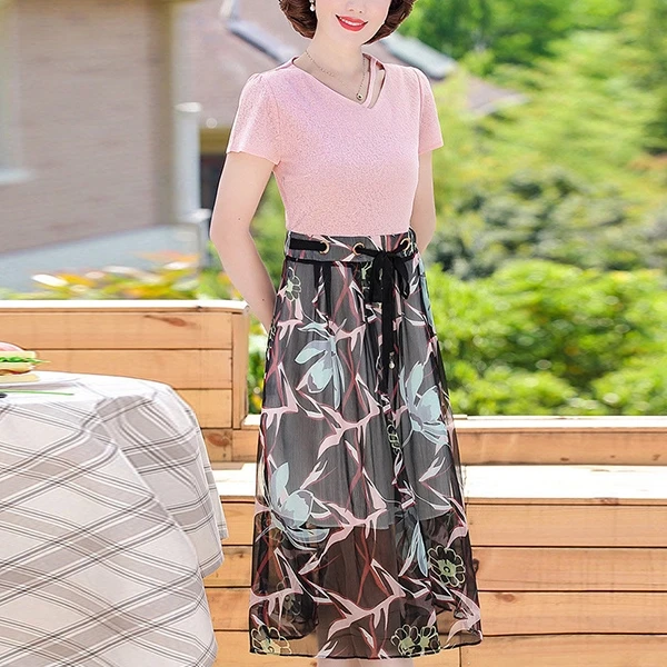 V Neck Short Sleeves Floral Print High Waist Strap Closure Skirt Design Midi Dre