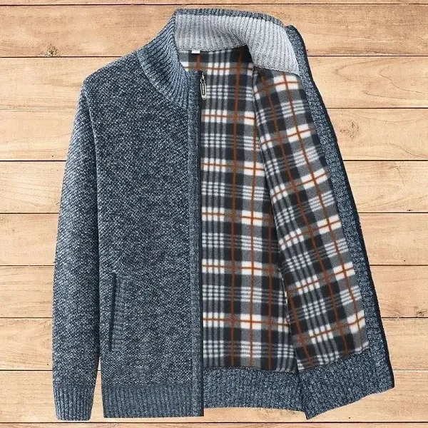 Zip-Up Ribbed Pattern Stand Collar Full Sleeves Men Side Pockets Warm Knitted Ca