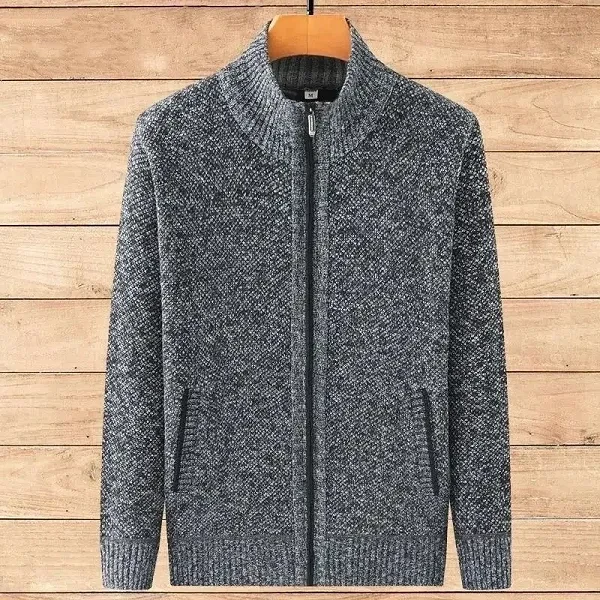 Zip-Up Ribbed Pattern Stand Collar Full Sleeves Men Side Pockets Warm Knitted Ca