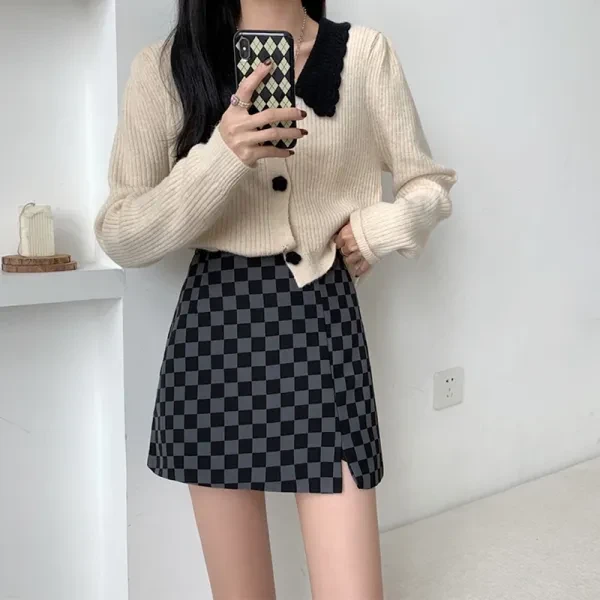 Black Checkered Print Split Hem Zipper Skirt